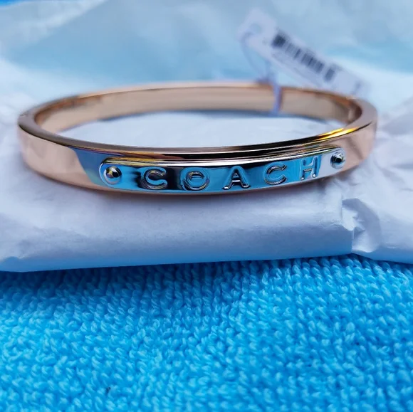 Coach Bangle Bracelet Hinged Rose Gold With Silver Coach Embossed Name Plate NWT - Picture 13 of 13